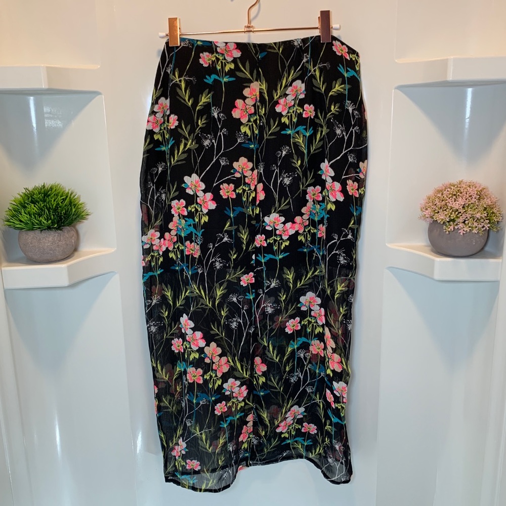 Express Floral Print Midi‎ Skirt Front Slit - Picture 3 of 8